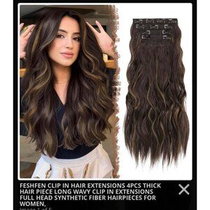 New 4 Pcs Long Wavy Clip In Hair Extensions Brown with Highlights